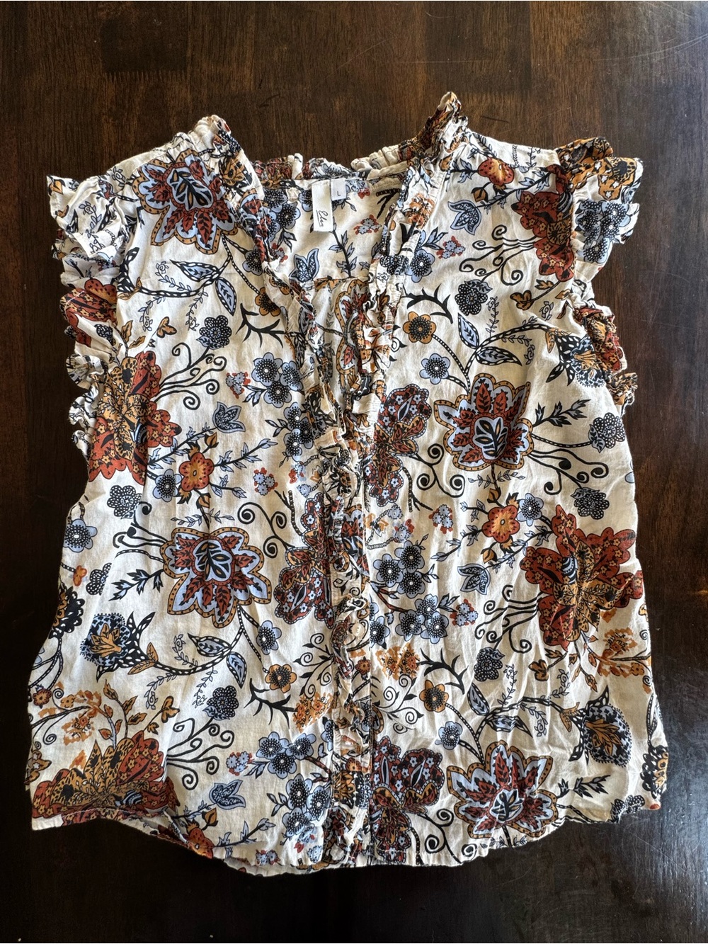 Elan cotton boho-style floral print Ruffle Sleeveless Top - size L excellent